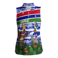 Gambia Christmas Women Sleeveless Polo Shirt with Santa Birds Gift Boxes Forest Scene and Snowflake Pattern Design - Wonder Print Shop