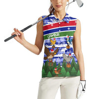 Gambia Christmas Women Sleeveless Polo Shirt with Santa Birds Gift Boxes Forest Scene and Snowflake Pattern Design - Wonder Print Shop