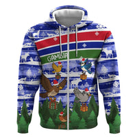 Gambia Christmas Zip Hoodie with Santa Birds Gift Boxes Forest Scene and Snowflake Pattern Design - Wonder Print Shop