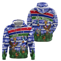 Gambia Christmas Zip Hoodie with Santa Birds Gift Boxes Forest Scene and Snowflake Pattern Design - Wonder Print Shop
