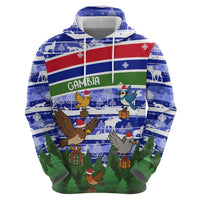 Gambia Christmas Zip Hoodie with Santa Birds Gift Boxes Forest Scene and Snowflake Pattern Design - Wonder Print Shop