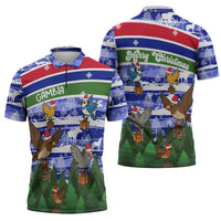 Gambia Christmas Zipper Polo Shirt with Santa Birds Gift Boxes Forest Scene and Snowflake Pattern Design - Wonder Print Shop
