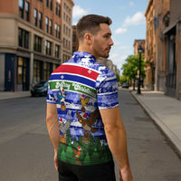Gambia Christmas Zipper Polo Shirt with Santa Birds Gift Boxes Forest Scene and Snowflake Pattern Design - Wonder Print Shop