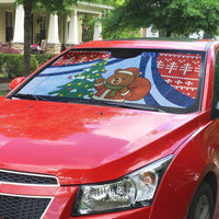 Russia Christmas Auto Sun Shade with Santa Bear Gift Box Christmas Tree and Red Snowflake - Wonder Print Shop
