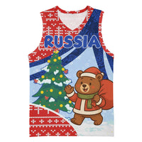 Russia Christmas Basketball Jersey with Santa Bear Gift Box Christmas Tree and Red Snowflake - Wonder Print Shop