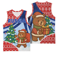 Russia Christmas Basketball Jersey with Santa Bear Gift Box Christmas Tree and Red Snowflake - Wonder Print Shop