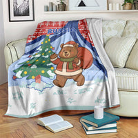 Russia Christmas Blanket with Santa Bear Gift Box Christmas Tree and Red Snowflake - Wonder Print Shop