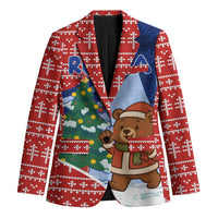 Russia Christmas Blazer with Santa Bear Gift Box Christmas Tree and Red Snowflake - Wonder Print Shop