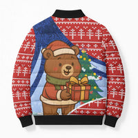 Russia Christmas Bomber Puffer Jacket with Santa Bear Gift Box Christmas Tree and Red Snowflake - Wonder Print Shop