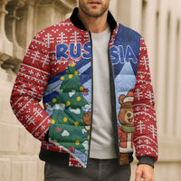 Russia Christmas Bomber Puffer Jacket with Santa Bear Gift Box Christmas Tree and Red Snowflake - Wonder Print Shop