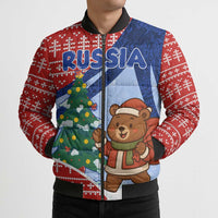 Russia Christmas Bomber Puffer Jacket with Santa Bear Gift Box Christmas Tree and Red Snowflake - Wonder Print Shop