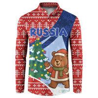 Russia Christmas Button Sweatshirt with Santa Bear Gift Box Christmas Tree and Red Snowflake - Wonder Print Shop