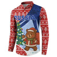 Russia Christmas Button Sweatshirt with Santa Bear Gift Box Christmas Tree and Red Snowflake - Wonder Print Shop