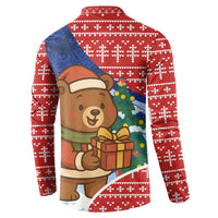 Russia Christmas Button Sweatshirt with Santa Bear Gift Box Christmas Tree and Red Snowflake - Wonder Print Shop