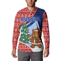 Russia Christmas Button Sweatshirt with Santa Bear Gift Box Christmas Tree and Red Snowflake - Wonder Print Shop