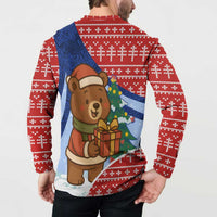 Russia Christmas Button Sweatshirt with Santa Bear Gift Box Christmas Tree and Red Snowflake - Wonder Print Shop