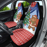 Russia Christmas Car Seat Cover with Santa Bear Gift Box Christmas Tree and Red Snowflake - Wonder Print Shop