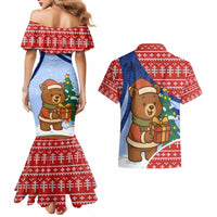 Russia Christmas Couples Matching Mermaid Dress and Hawaiian Shirt with Santa Bear Gift Box Christmas Tree and Red Snowflake - Wonder Print Shop