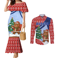 Russia Christmas Couples Matching Mermaid Dress and Long Sleeve Button Shirt with Santa Bear Gift Box Christmas Tree and Red Snowflake - Wonder Print Shop