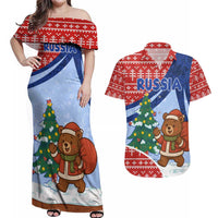 Russia Christmas Couples Matching Off Shoulder Maxi Dress and Hawaiian Shirt with Santa Bear Gift Box Christmas Tree and Red Snowflake - Wonder Print Shop