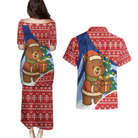 Russia Christmas Couples Matching Puletasi and Hawaiian Shirt with Santa Bear Gift Box Christmas Tree and Red Snowflake - Wonder Print Shop