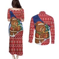 Russia Christmas Couples Matching Puletasi and Long Sleeve Button Shirt with Santa Bear Gift Box Christmas Tree and Red Snowflake - Wonder Print Shop