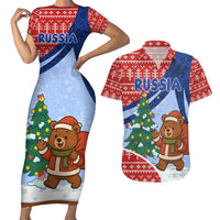 Russia Christmas Couples Matching Short Sleeve Bodycon Dress and Hawaiian Shirt with Santa Bear Gift Box Christmas Tree and Red Snowflake - Wonder Print Shop