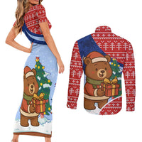Russia Christmas Couples Matching Short Sleeve Bodycon Dress and Long Sleeve Button Shirt with Santa Bear Gift Box Christmas Tree and Red Snowflake - Wonder Print Shop