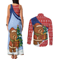 Russia Christmas Couples Matching Tank Maxi Dress and Long Sleeve Button Shirt with Santa Bear Gift Box Christmas Tree and Red Snowflake - Wonder Print Shop