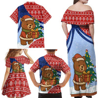 Russia Christmas Family Matching Off Shoulder Maxi Dress and Hawaiian Shirt with Santa Bear Gift Box Christmas Tree and Red Snowflake - Wonder Print Shop