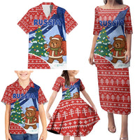 Russia Christmas Family Matching Puletasi and Hawaiian Shirt with Santa Bear Gift Box Christmas Tree and Red Snowflake - Wonder Print Shop