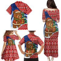 Russia Christmas Family Matching Puletasi and Hawaiian Shirt with Santa Bear Gift Box Christmas Tree and Red Snowflake - Wonder Print Shop