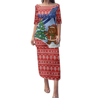 Russia Christmas Family Matching Puletasi and Hawaiian Shirt with Santa Bear Gift Box Christmas Tree and Red Snowflake - Wonder Print Shop