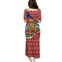 Russia Christmas Family Matching Puletasi and Hawaiian Shirt with Santa Bear Gift Box Christmas Tree and Red Snowflake - Wonder Print Shop