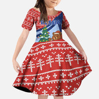 Russia Christmas Family Matching Short Sleeve Bodycon Dress and Hawaiian Shirt with Santa Bear Gift Box Christmas Tree and Red Snowflake - Wonder Print Shop