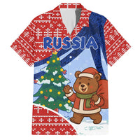 Russia Christmas Family Matching Short Sleeve Bodycon Dress and Hawaiian Shirt with Santa Bear Gift Box Christmas Tree and Red Snowflake - Wonder Print Shop