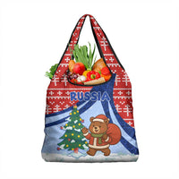Russia Christmas Grocery Bag with Santa Bear Gift Box Christmas Tree and Red Snowflake - Wonder Print Shop