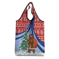 Russia Christmas Grocery Bag with Santa Bear Gift Box Christmas Tree and Red Snowflake - Wonder Print Shop