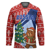 Russia Christmas Hockey Jersey with Santa Bear Gift Box Christmas Tree and Red Snowflake - Wonder Print Shop