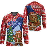 Russia Christmas Hockey Jersey with Santa Bear Gift Box Christmas Tree and Red Snowflake - Wonder Print Shop