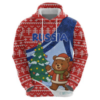 Russia Christmas Hoodie with Santa Bear Gift Box Christmas Tree and Red Snowflake - Wonder Print Shop