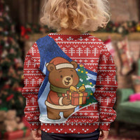 Russia Christmas Kid Ugly Christmas Sweater with Santa Bear Gift Box Christmas Tree and Red Snowflake - Wonder Print Shop