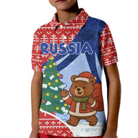 Russia Christmas Kid Polo Shirt with Santa Bear Gift Box Christmas Tree and Red Snowflake - Wonder Print Shop