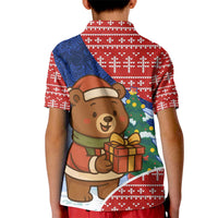 Russia Christmas Kid Polo Shirt with Santa Bear Gift Box Christmas Tree and Red Snowflake - Wonder Print Shop
