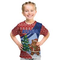 Russia Christmas Kid T Shirt with Santa Bear Gift Box Christmas Tree and Red Snowflake - Wonder Print Shop