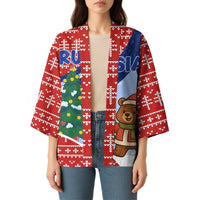 Russia Christmas Kimono with Santa Bear Gift Box Christmas Tree and Red Snowflake - Wonder Print Shop