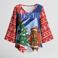 Russia Christmas Kimono Sleeve Blouse with Santa Bear Gift Box Christmas Tree and Red Snowflake - Wonder Print Shop
