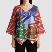 Russia Christmas Kimono Sleeve Blouse with Santa Bear Gift Box Christmas Tree and Red Snowflake - Wonder Print Shop