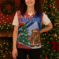 Russia Christmas Knitted V-Neck Vest with Santa Bear Gift Box Christmas Tree and Red Snowflake - Wonder Print Shop