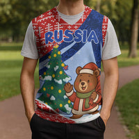 Russia Christmas Knitted V-Neck Vest with Santa Bear Gift Box Christmas Tree and Red Snowflake - Wonder Print Shop